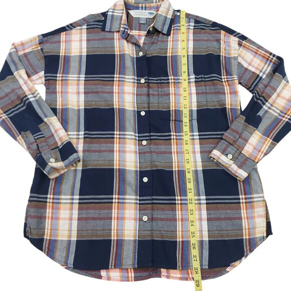 Old Navy The Boyfriend Shirt Womens Medium Blue Brown Plaid Button Long Sleeve - Picture 8 of 11